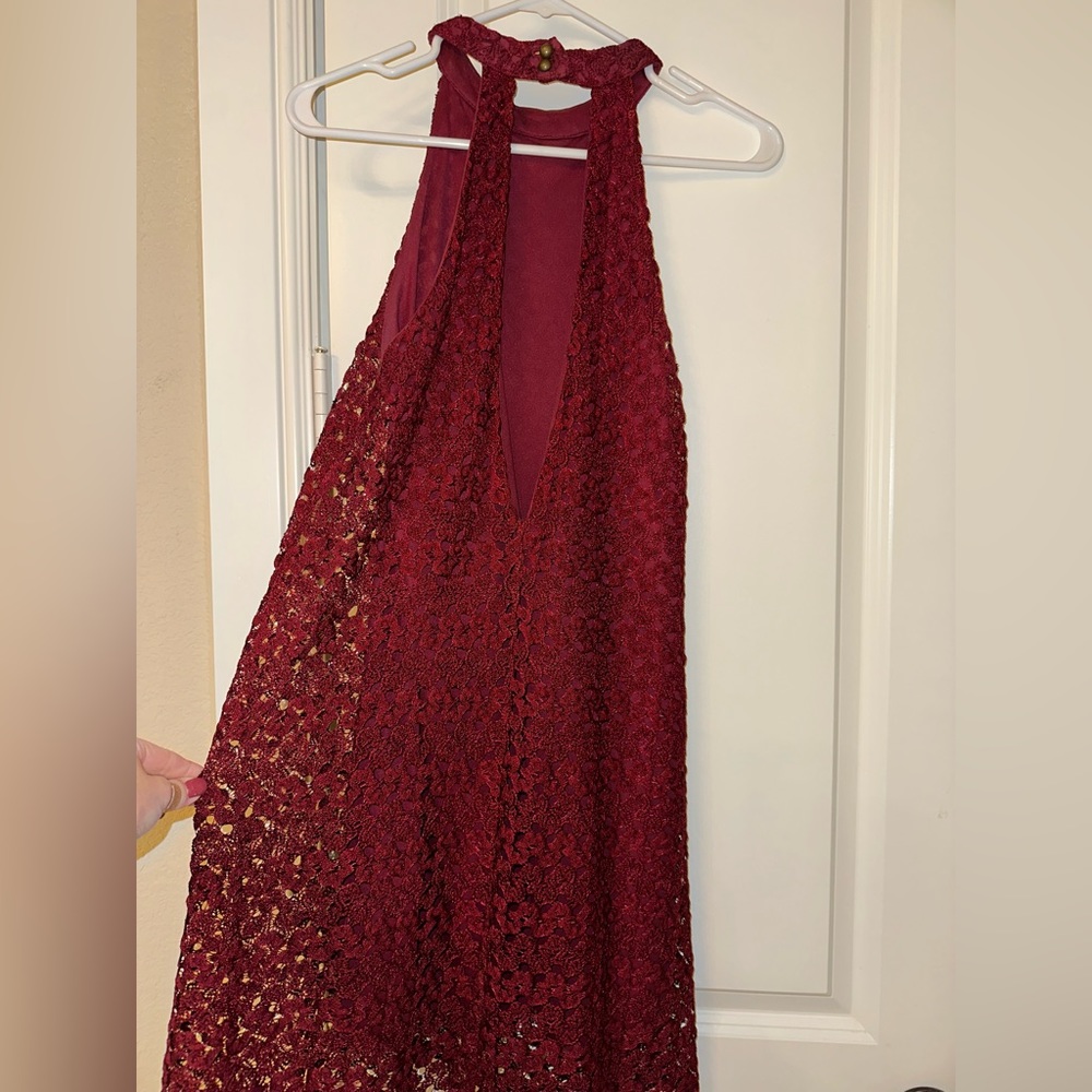 Lace high neck crimson dress
